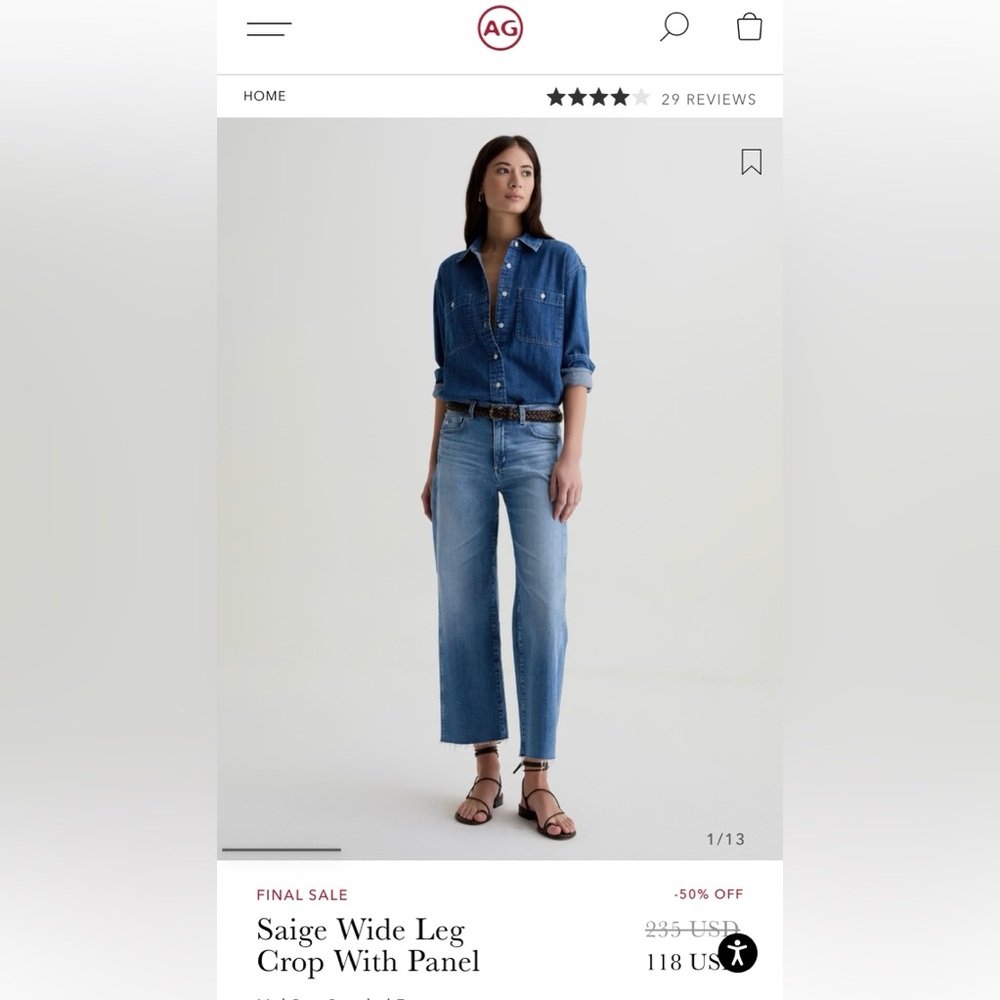 AG Saige Wide Leg Cropped Jean NWT